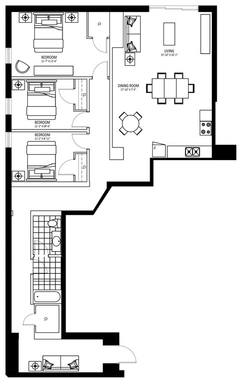 Floor plan for 3 beds, 1 bath